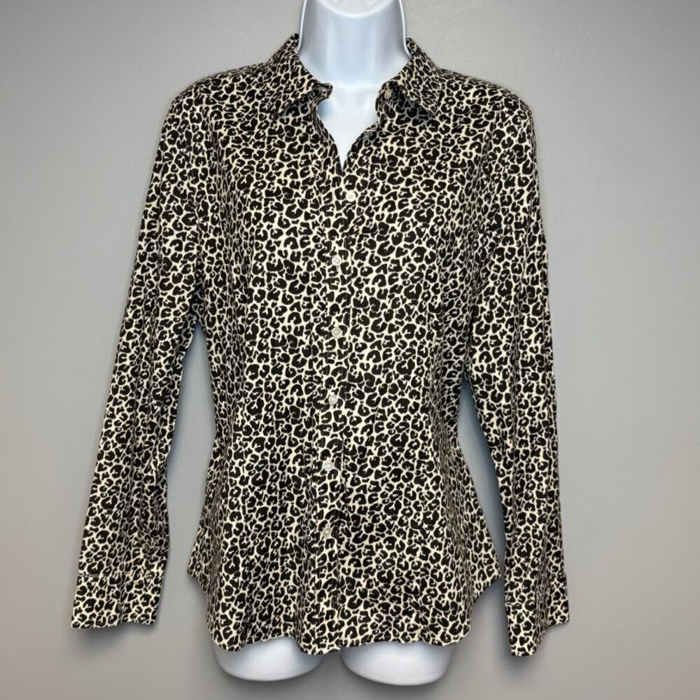 Talbots Petite Leopard Wrinkle Resistant Button Up Careerwear Top Womens Sz‎ 14P
